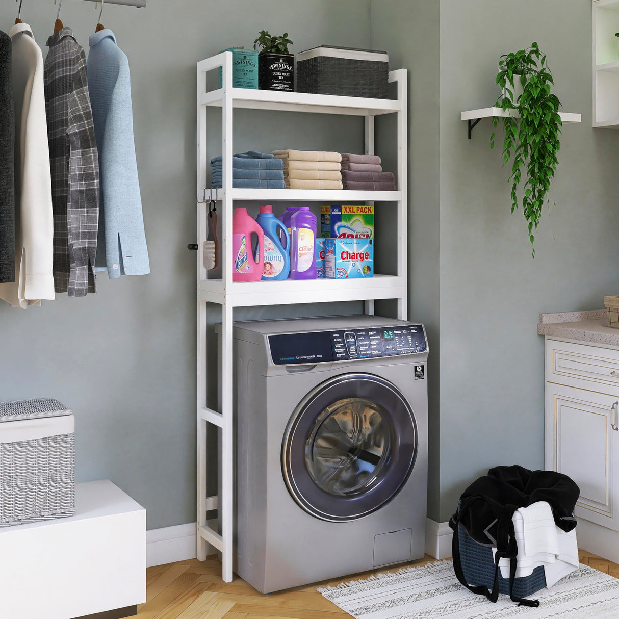 SMIBUY Bathroom Storage Shelf, Bamboo Over-The-Toilet Organizer Rack, Freestanding Toilet Space Saver with 3-Tier Adjustable Shelves (White) SMIBUY