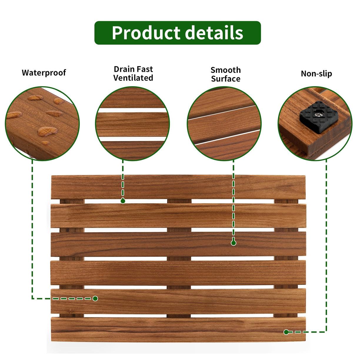 VaeFae Teak Shower Mat, Non-Slip Bath Mat, Luxury Spa Mat, Wooden Mat for Bathtub, 20 x 13 in VaeFae