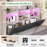 AMERLIFE King Size Bed Frame with 51.2" Tall Bookcase Headboard, Farmhouse Platform Bed with 4 Storage Drawers, Linen Upholstered, Charging Station & Storage, Rustic White AMERLIFE