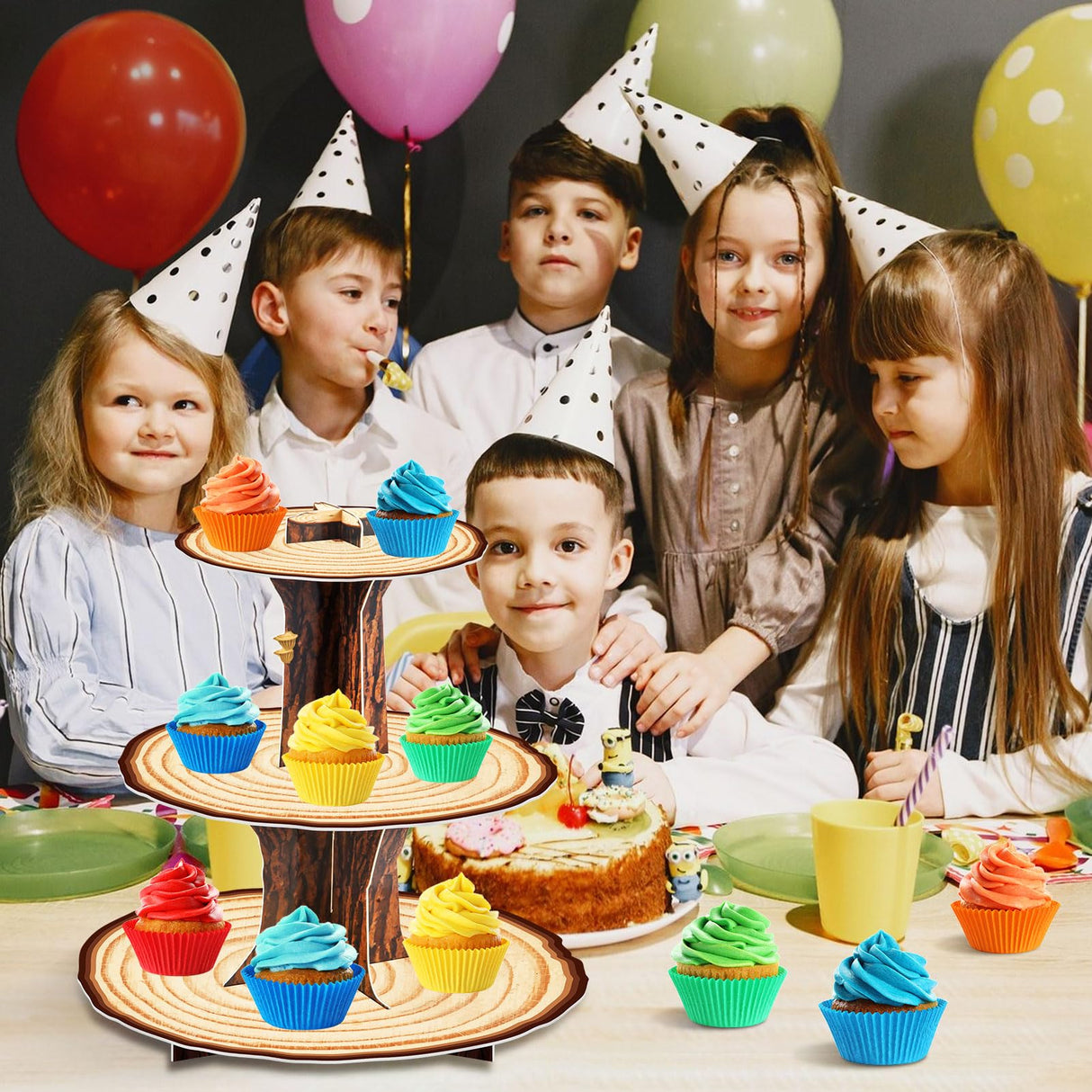 Wooden Cupcake Stand Decoration 3 Tier Western Party Cake Holder Woodland Baby Shower Rustic Wood Cupcake Stand Decor for Camping Birthday Party Woodland Animals Hunting Forest Safari Party Supplies Ben Louis