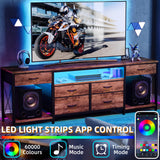 GYIIYUO LED TV Stand with 6 Fabric Drawers and Power Outlet for 65 70 75 Inch TVs, Entertainment Center with Open Storage Shelves, Dresser TV Stand for Bedroom/Living Room, Rustic Brown GYIIYUO