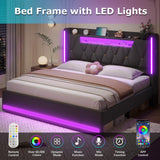King Size Bed Frame with Marshmallow Headboard and Storage, Metal Bed Frame with LED Lights & Charging Station, Upholstered Platform King Bed with Metal Support, No Noise, No Box Spring Needed,Gray busyaeh