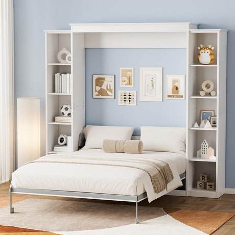 BEQAI Queen Murphy Bed with Storage Bookcase & 4 Adjustable Shelves, Foldable Space-Saving Queen Wood Wall Bedframe with Metal Legs, Hidden Bedframe for Guest Room, Study, Home Office, Bedroom, White BEQAI