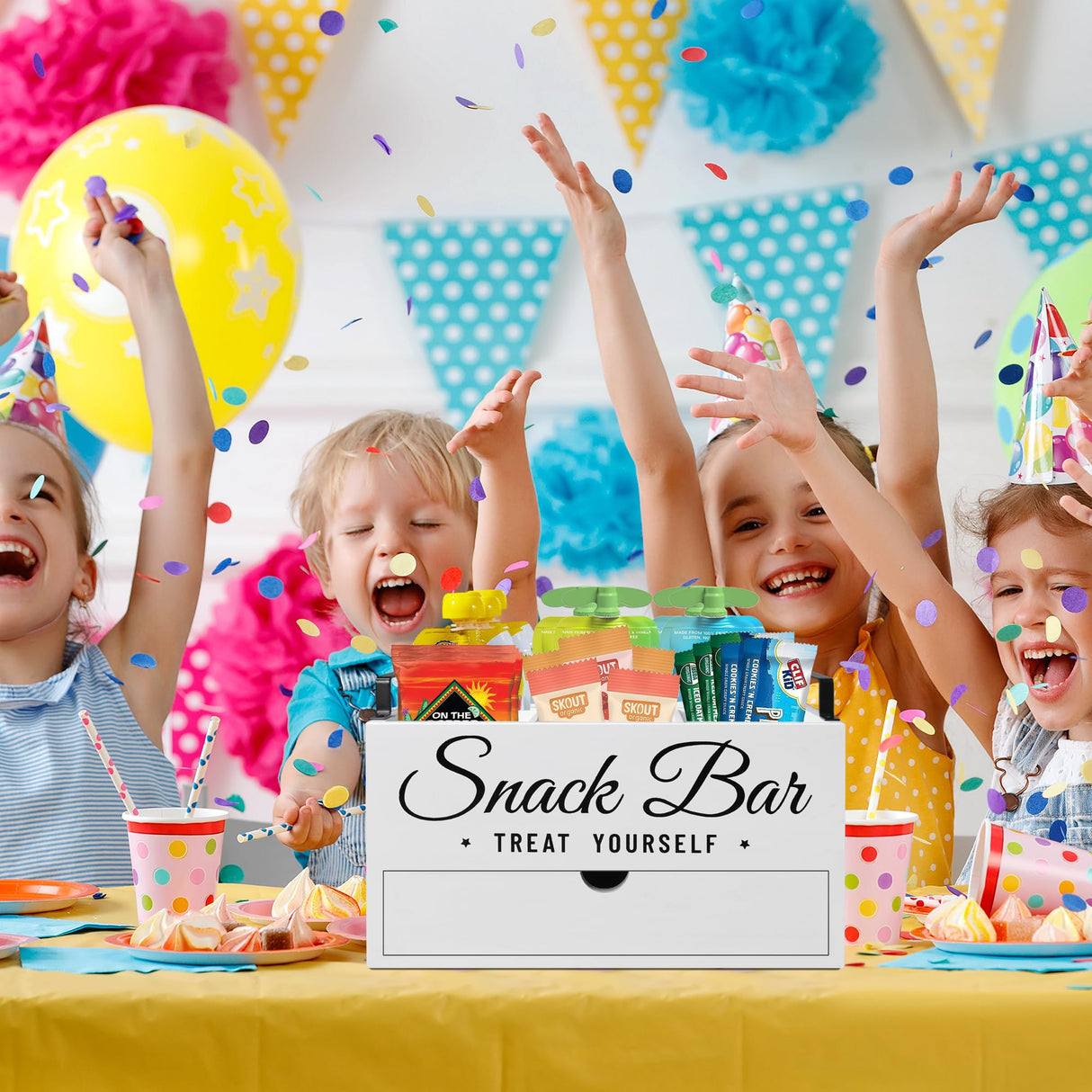 Snack Organizer for Countertop, Wood Pantry Storage Bins with Handles, Snack Organizer for Pantry, Kitchen, 4 Compartment Food Container Snack Box with Drawer, Pantry Organizer for Snacks, Chips Unistyle