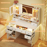 Vanity Desk with Mirror & Lights, 42‘’ Large Makeup Vanity with 2 RGB Jewelry Cabinets & 7 Drawers, White Vanity Table Set with Charging Station, Dressing Table with Lights Desk, 3 Light Modes ALEXNUTRE
