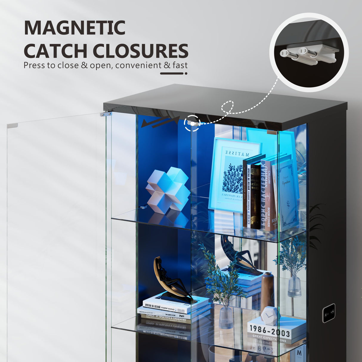 Lvifur 71” Glass Display Cabinet with Lights, Modern Curio Cabinet Display Cases for Collectibles, Locking Cabinet with Shelves & Drawers, Tall Bookcase with Human Body Sensor for Living Room (Black) Lvifur