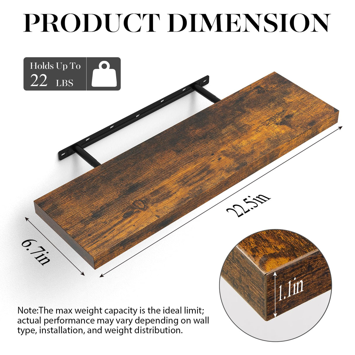 BAYKA Floating Shelves Set of 2, 22.5" Rustic Wood Wall Mounted Shelves for Bathroom, Bedroom, Living Room, Kitchen & Office, Hanging Display Shelf with 22 lbs Capacity (Rustic Brown) BAYKA