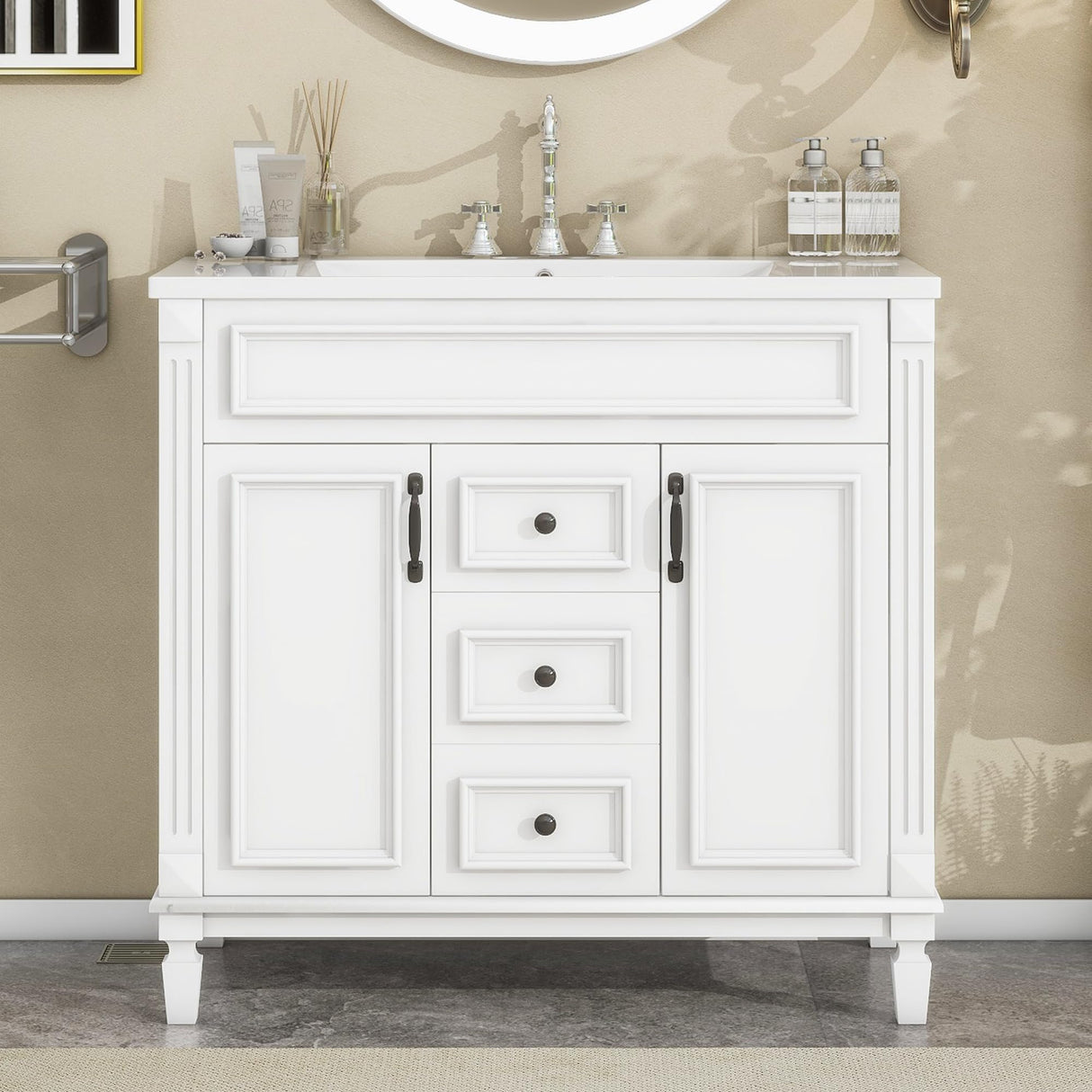 Merax 36” Bathroom Vanity with Sink, Freestanding Single Bathroom Sink Vanity Cabinet Set with 36” Countertop & Integrated Sink, 2 Doors & 2 Drawers (Sink Cabinet Only, White) Merax