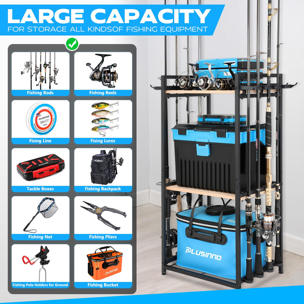 PLUSINNO 3 Tier Fishing Rod Holder, Fishing Pole Holders for Garage, Fishing Rod Rack Fishing Rod Storage Up to 8 Rods, Fishing Gear Tackle Box Fishing Equipment Organizers, Fishing Gifts for Men PLUSINNO