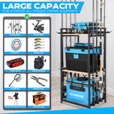 PLUSINNO 3 Tier Fishing Rod Holder, Fishing Pole Holders for Garage, Fishing Rod Rack Fishing Rod Storage Up to 8 Rods, Fishing Gear Tackle Box Fishing Equipment Organizers, Fishing Gifts for Men PLUSINNO