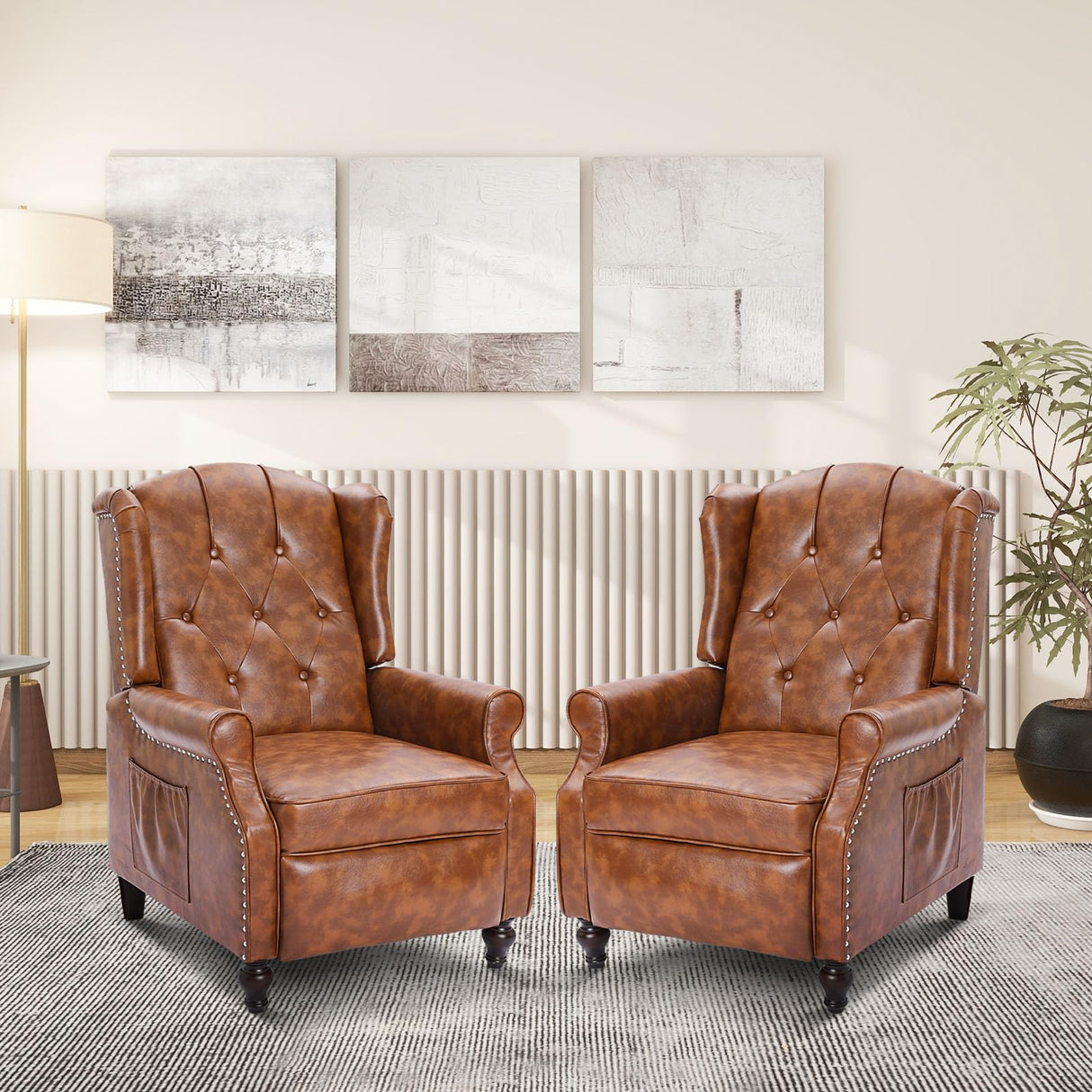 P.H.Furn Wingback Recliner Chair with Massage and Heat, PU Leather Living Room Chair Armchair with Nailhead Trim,Push Back Recliner Chair with Remote Control,Padded Cushion (2*Tawny Brown) P.H.Furn