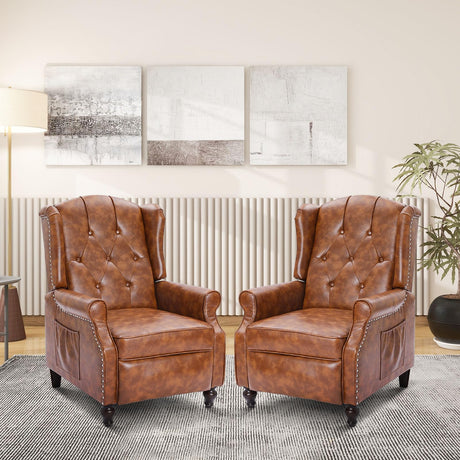 P.H.Furn Wingback Recliner Chair with Massage and Heat, PU Leather Living Room Chair Armchair with Nailhead Trim,Push Back Recliner Chair with Remote Control,Padded Cushion (2*Tawny Brown) P.H.Furn