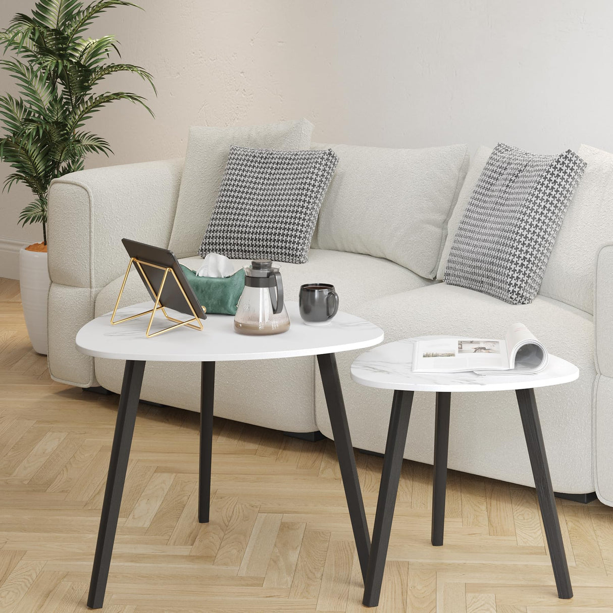 BAMEOS Bamboo Nesting Triangle End Table,Set of 2 Coffee Table Modern Minimalist Side Table for Living Room (Marble White) BAMEOS