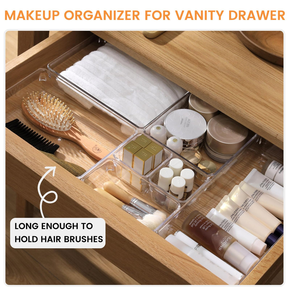 6 Pack Large Clear Plastic Drawer Organizer Trays, Acrylic Kitchen Drawer Organization and Storage Dividers, Non-Slip Storage Bins for Makeup, Kitchen Utensils, Bathroom, Jewelries and Office Desk Criusia