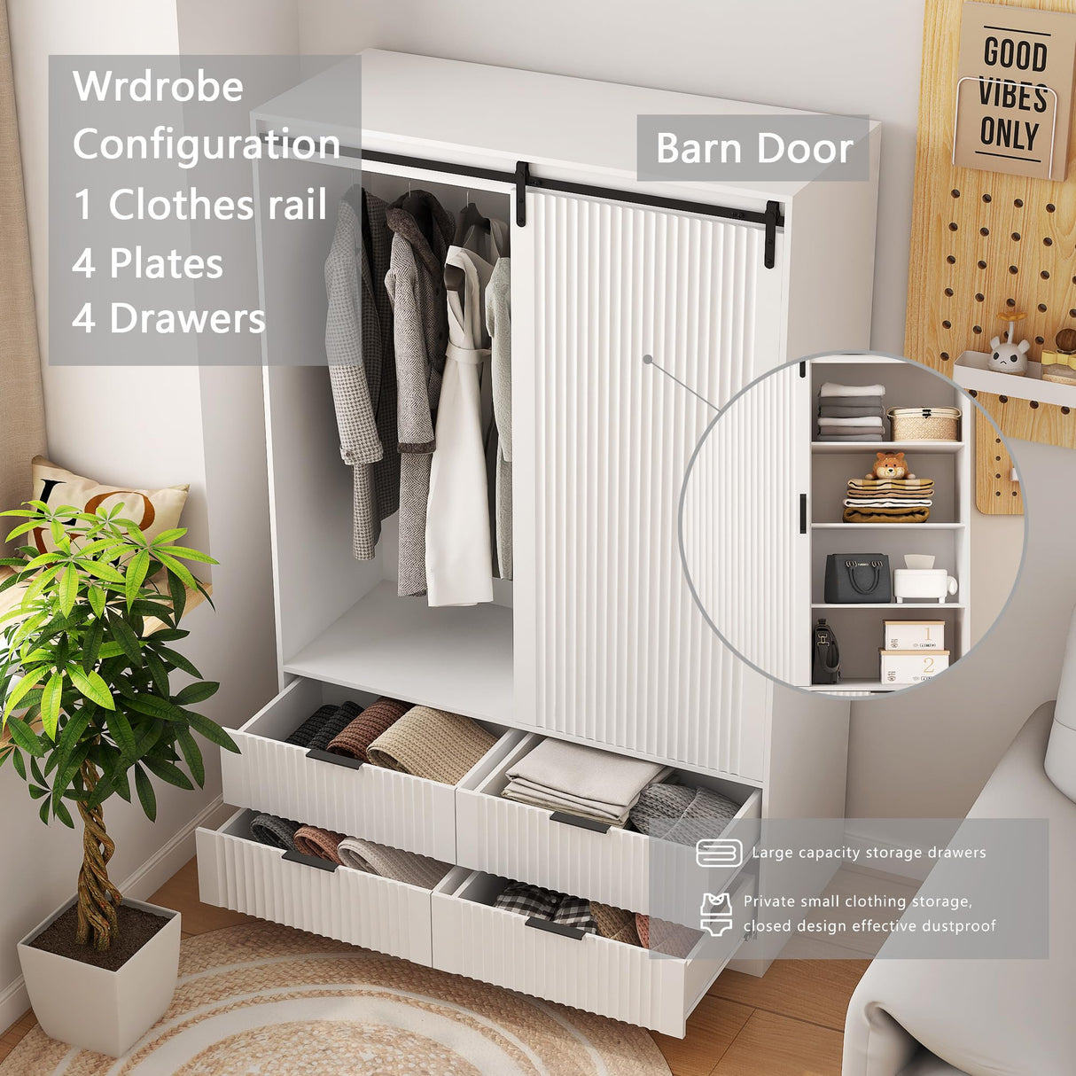 cloblane Wardrobe Closet with Sliding Barn Door, Tall Wooden Freestanding Armoire Wardrobe Closet Cabinet with 4 Drawers, Open Shelves and Hanging Rod, Clothes Organizer Cabinet for Bedroom, White cloblane