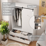 cloblane Wardrobe Closet with Sliding Barn Door, Tall Wooden Freestanding Armoire Wardrobe Closet Cabinet with 4 Drawers, Open Shelves and Hanging Rod, Clothes Organizer Cabinet for Bedroom, White cloblane