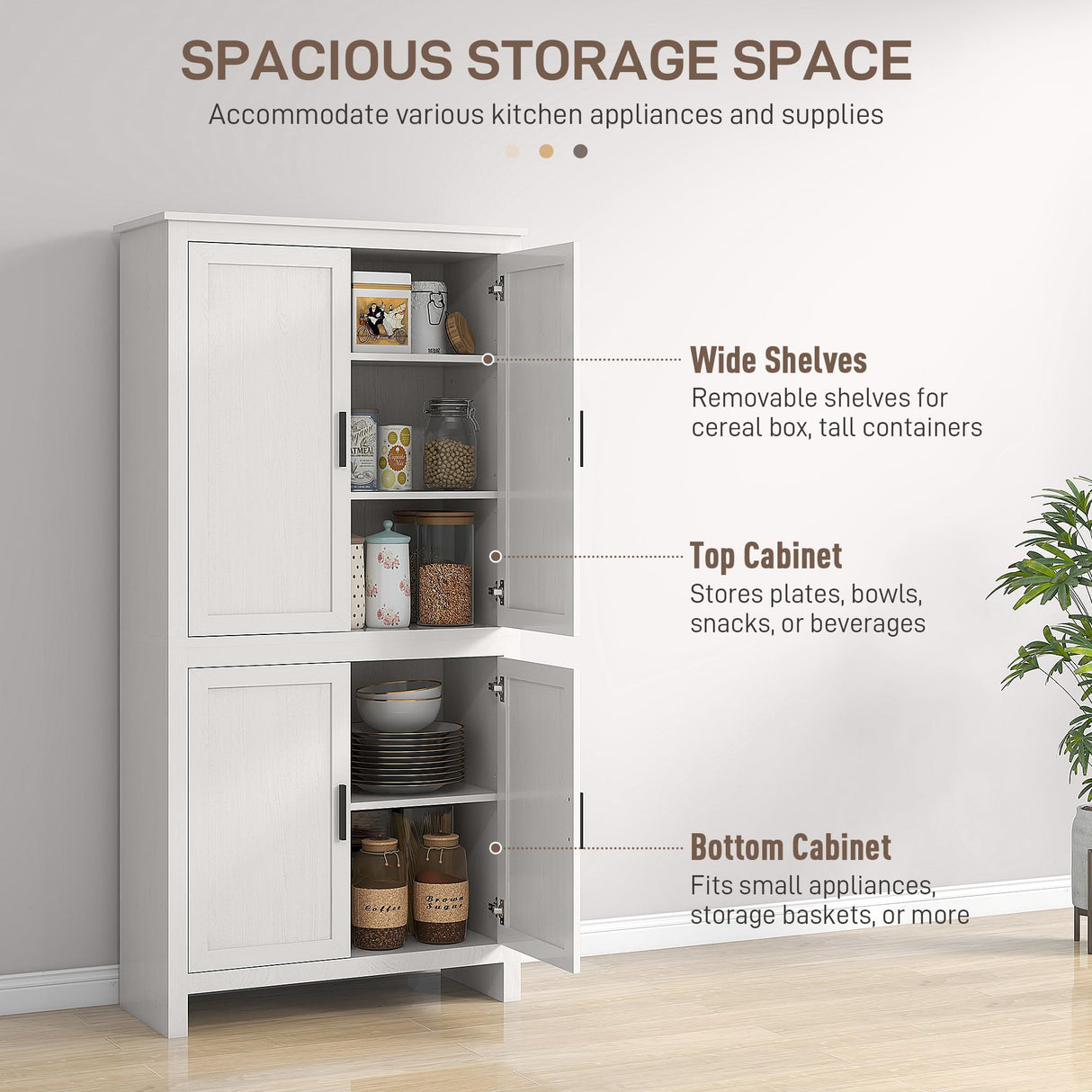 HOMCOM 64" Kitchen Pantry Cabinet, Freestanding Storage Cabinet with 4 Doors and 3 Adjustable Shelves for Dining Room, Antique White HOMCOM