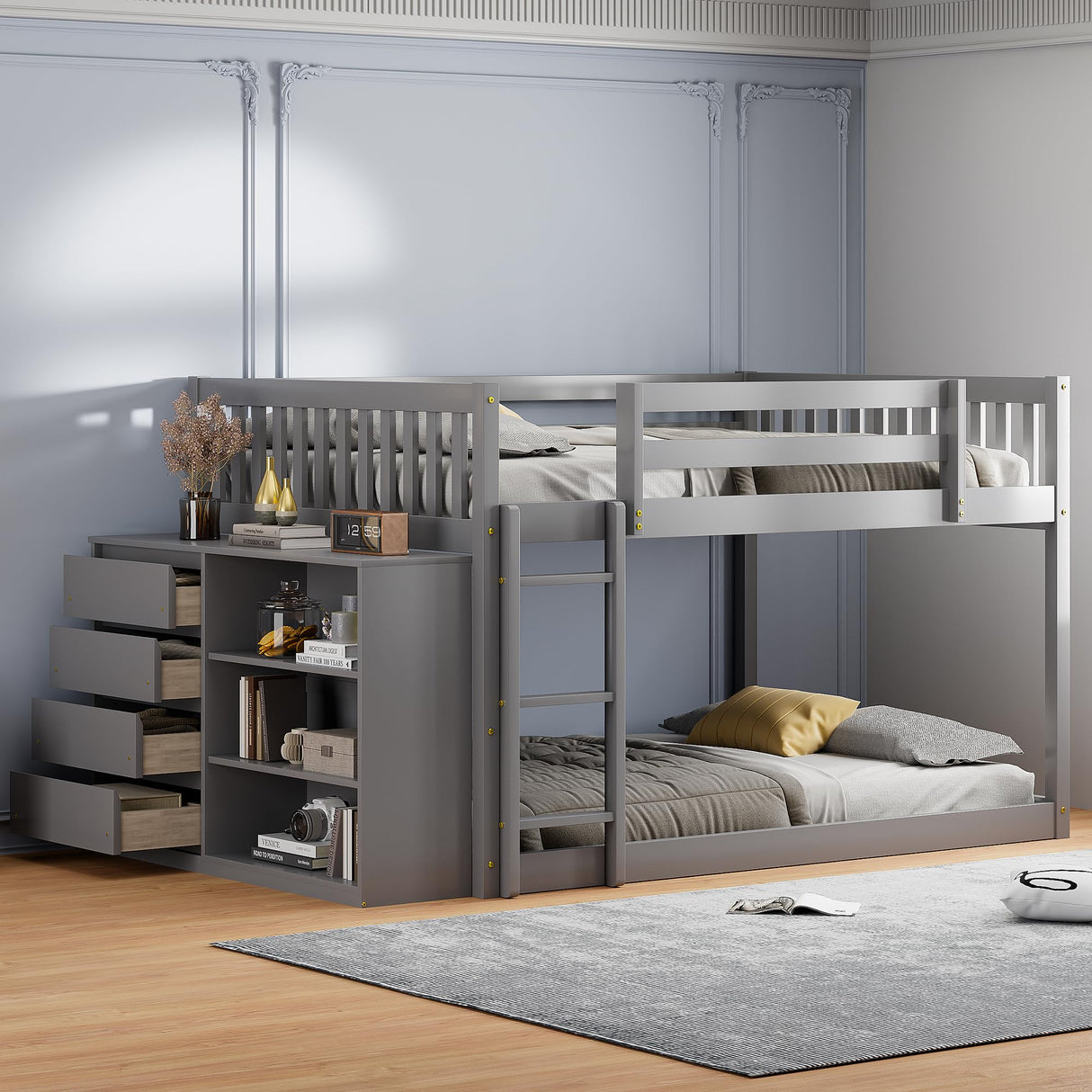 Harper & Bright Designs Full Over Full Low Bunk Bed with Storage, Solid Wood Floor Bunk Beds Frame with 4 Drawers and 3 Shelves, Full Loft Bed for Kids, Teens, Adults - Gray Harper & Bright Designs