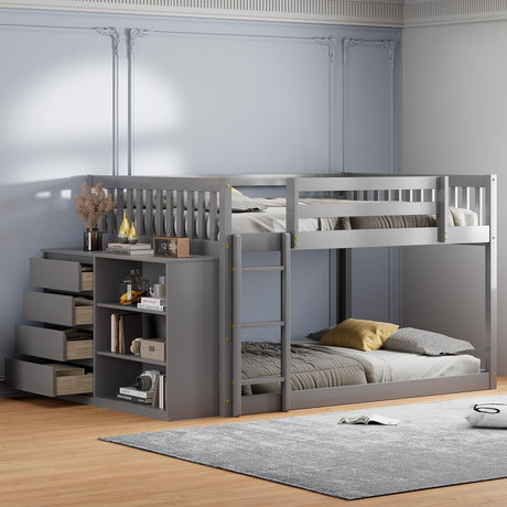 Harper & Bright Designs Full Over Full Low Bunk Bed with Storage, Solid Wood Floor Bunk Beds Frame with 4 Drawers and 3 Shelves, Full Loft Bed for Kids, Teens, Adults - Gray Harper & Bright Designs