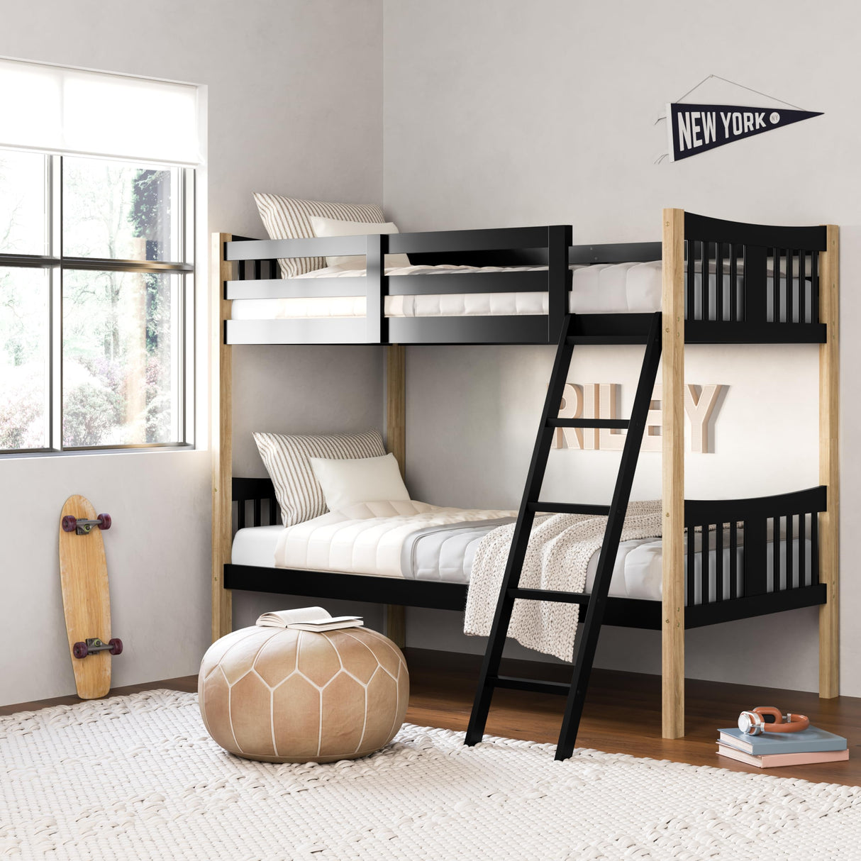 Storkcraft Caribou Twin-Over-Twin Bunk Bed (Black with Natual) – GREENGUARD Gold Certified, Converts to 2 Individual Twin Beds Storkcraft