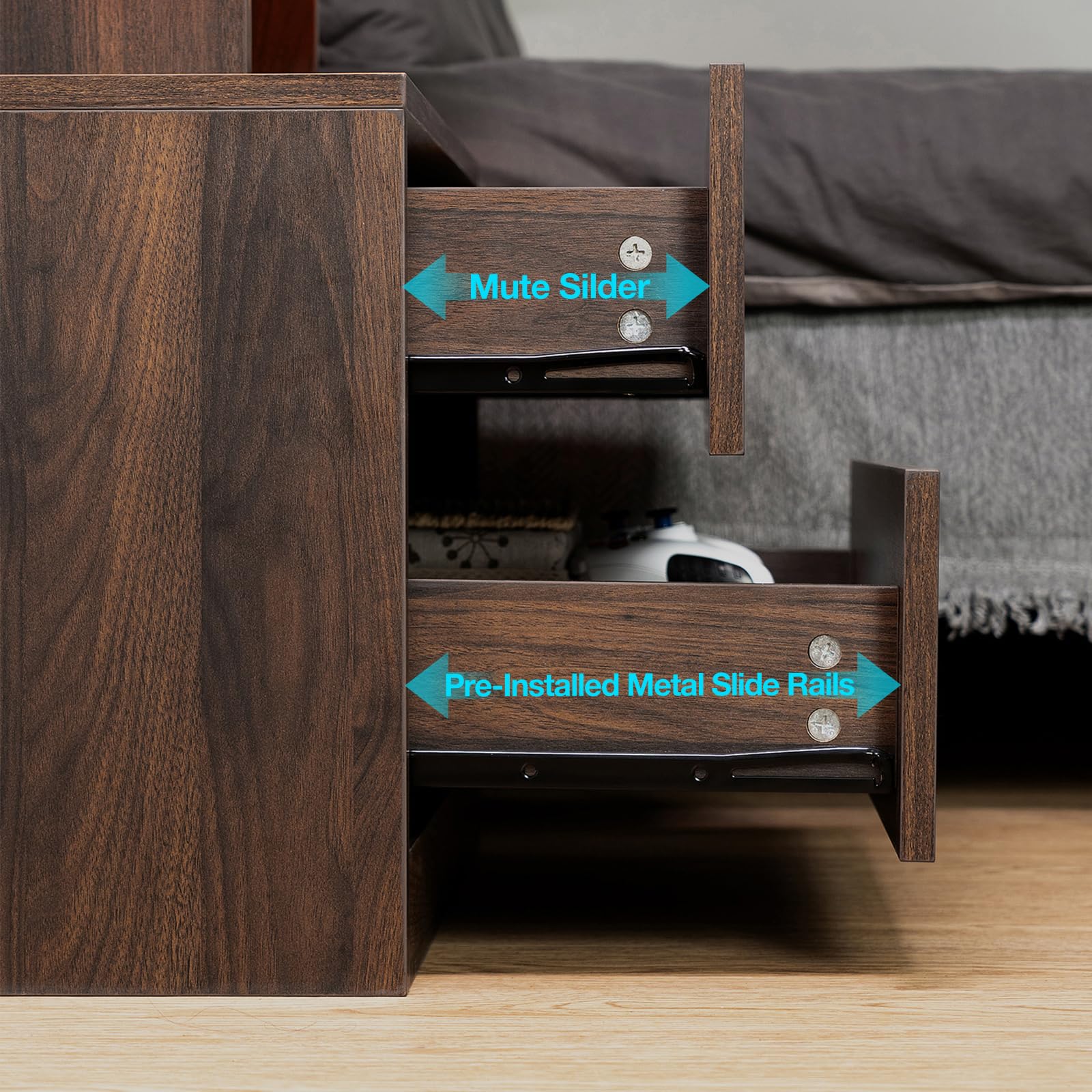 HOMMPA Set of 2 Rustic Nightstand with Wireless Charging Station LED Bedside Table with 2 Drawers End Table with Open Shelf Smart Nightstand Night Stand with Led Light for Bedroom Dark Walnut - WoodArtSupply