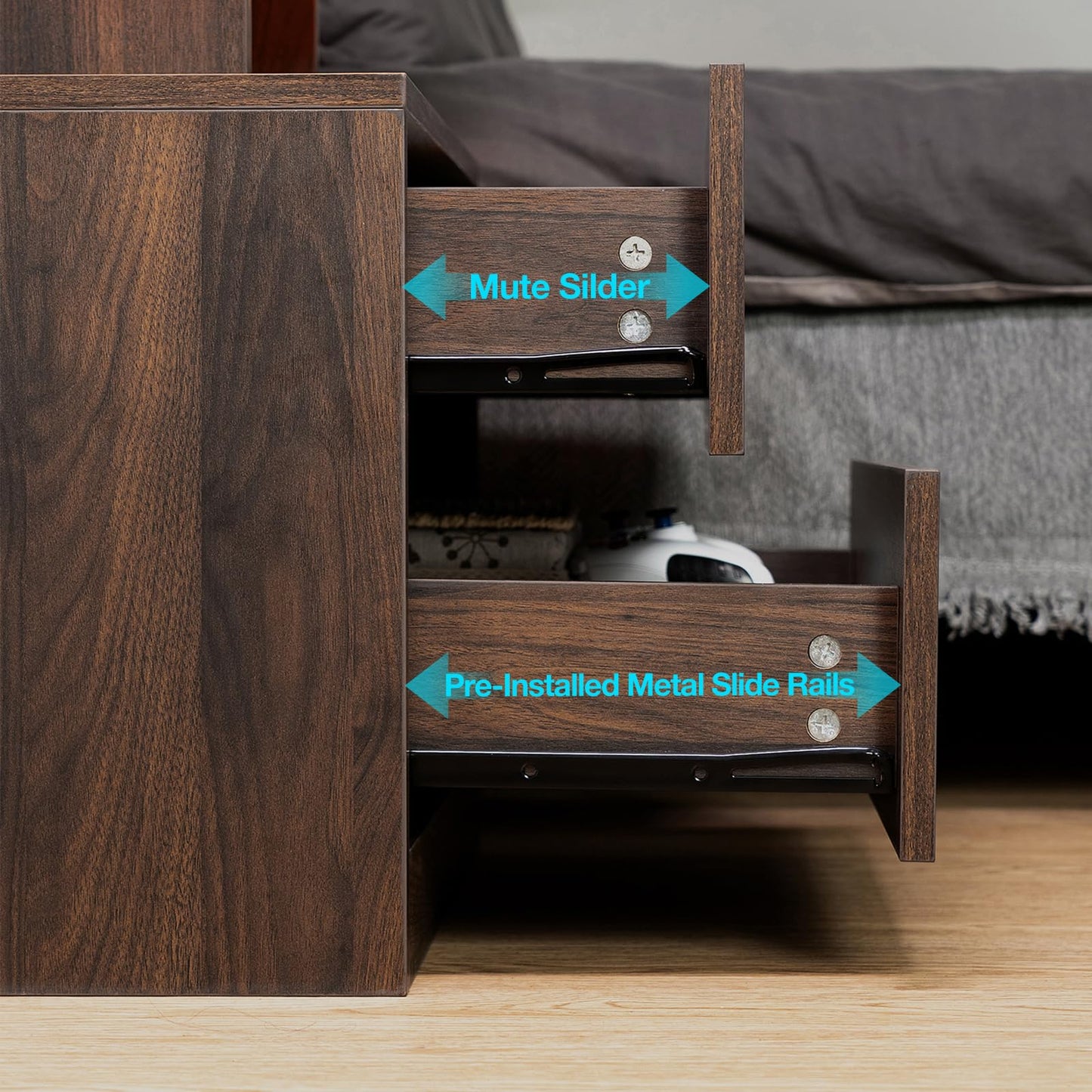 HOMMPA LED Nightstand with Wireless Charging Station Dark Walnut Wood Bedside Table with Led Light Smart Nightstand USB Port Type C Night Table with 2 Drawers Mid Century LED Night Stand for  - WoodArtSupply