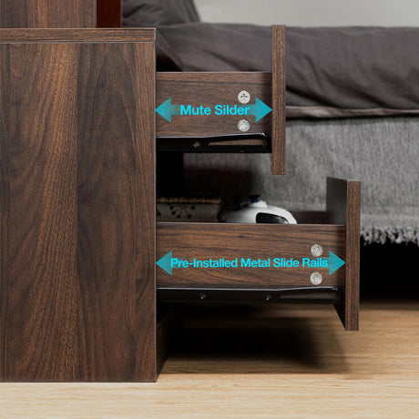 HOMMPA Set of 2 LED Nightstand with Wireless Charging Station Dark Walnut Mid Century Wood Bedside Table with Led Light Smart Nightstand USB Port Night Table with 2 Drawers LED Night Stand for Bedroom HOMMPA