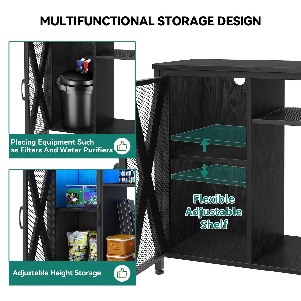 YITAHOME Fish Tank Stand with Power Outlets & LED Light, 20-29 Gallon Metal Aquarium Stand with Cabinet for Fish Tank Accessories Storage for Turtle Tank, Reptile Terrarium, 350LBS Capacity, Black YITAHOME