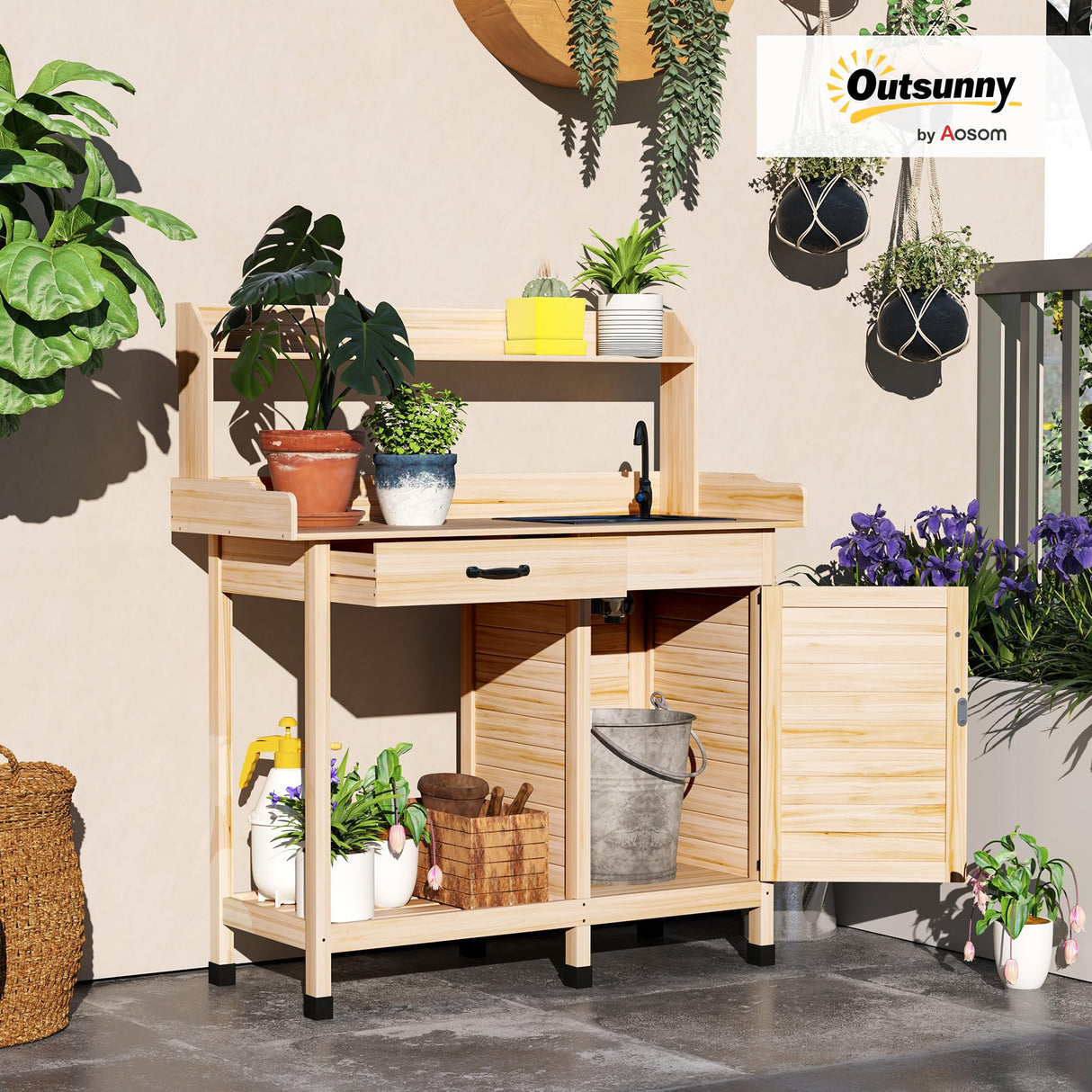 Outsunny Potting Bench Table with Sink, Outdoor Work Bench Table with Storage Cabinet, Hooks, Removable Sink, Faucet and Drawer for Greenhouse, Garden, Patio, Natural Wood Outsunny