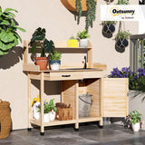 Outsunny Potting Bench Table with Sink, Outdoor Work Bench Table with Storage Cabinet, Hooks, Removable Sink, Faucet and Drawer for Greenhouse, Garden, Patio, Natural Wood Outsunny