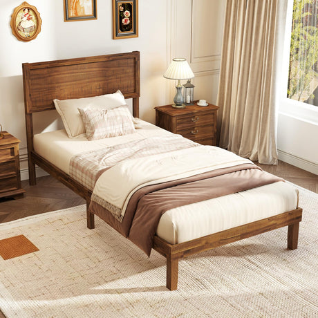 Giantex Wood Twin Bed Frames with Headboard, Mid Century Modern Platform Bed Twin Size with Solid Wood Legs & Wooden Slat Support, Easy Assembly, No Box Spring Needed, Walnut Giantex