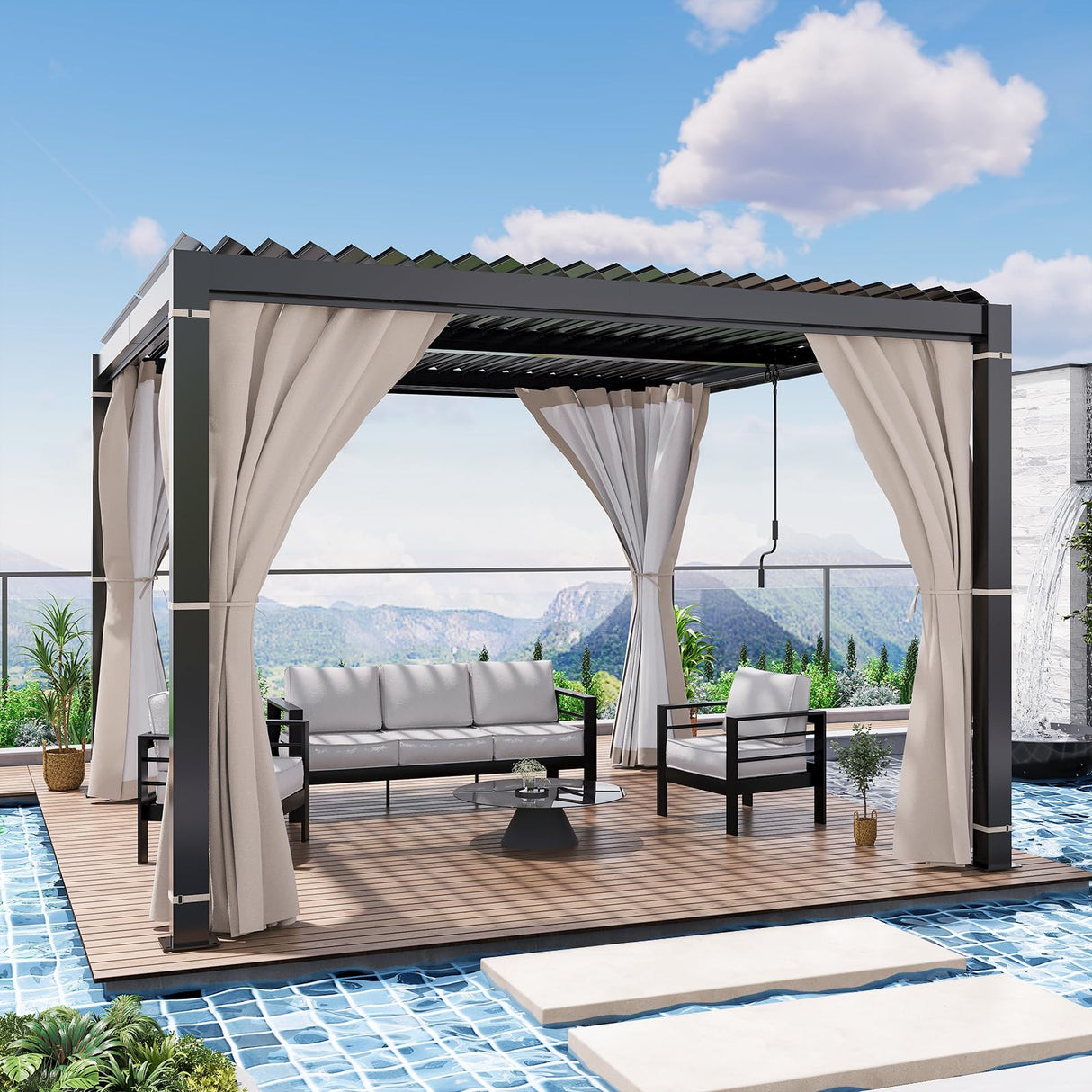 Amopatio 10' X 10' Louvered Pergola, Aluminum Outdoor Pergola with Adjustable Rainproof Roof, Metal Patio Hardtop Gazebo for Backyard, Deck, Garden (Khaki Curtain) Amopatio