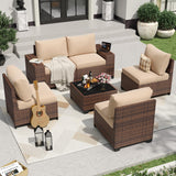 Aoxun 6 Pieces Patio Furniture Set Wicker Rattan Outdoor Sectional Conversation Set with Coffee Table and 4” Thickened Cushions, Beige (Waterproof Cover Included) Aoxun