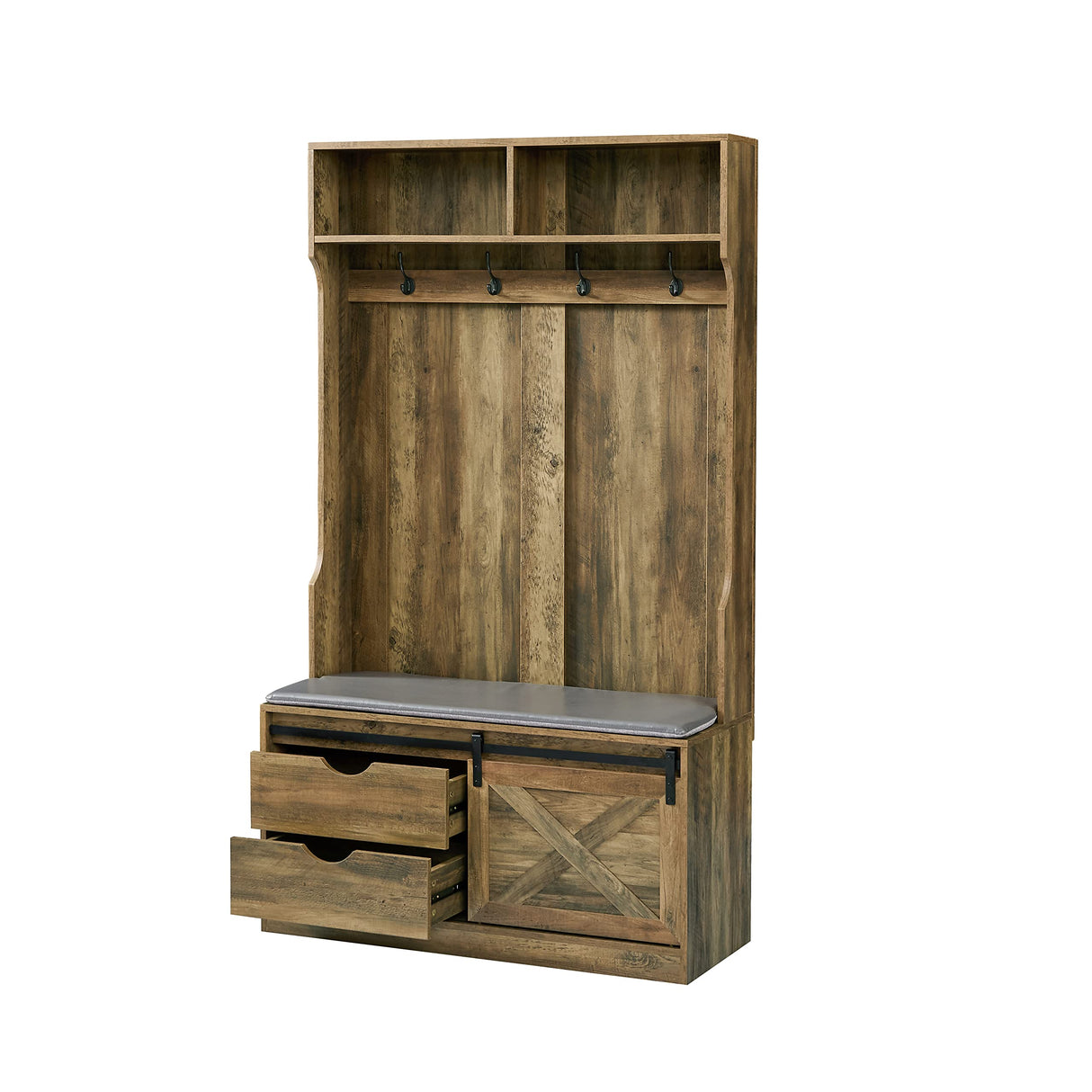 Betoko 71 Inch Entryway Bench with Sliding Barn Door, Farmhouse Hall Tree with Coat Rack and Storage Bench, Wood Coat Tree with Cushioned Stool and Hooks for Hallway, Living Room, Mudroom (Oak) Betoko