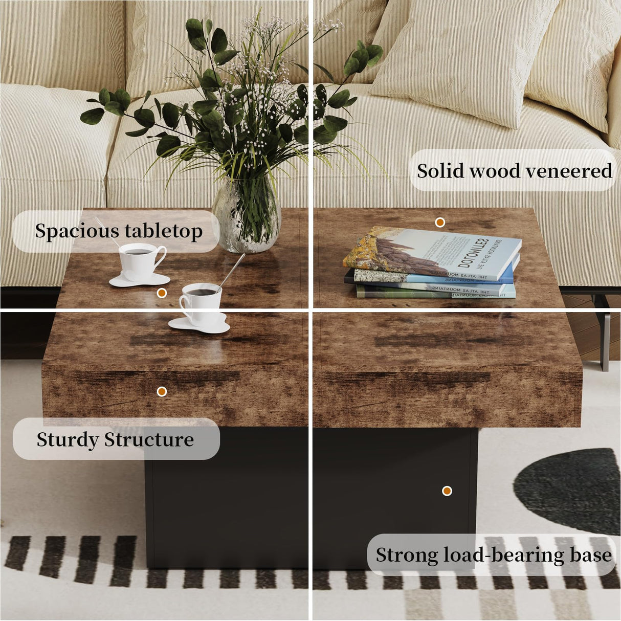 LIVEHOM Square Coffee Table, Wooden Engineered Wood Look Center Tables with Thick Base, Center Accent Table for Living Room LIVEHOM