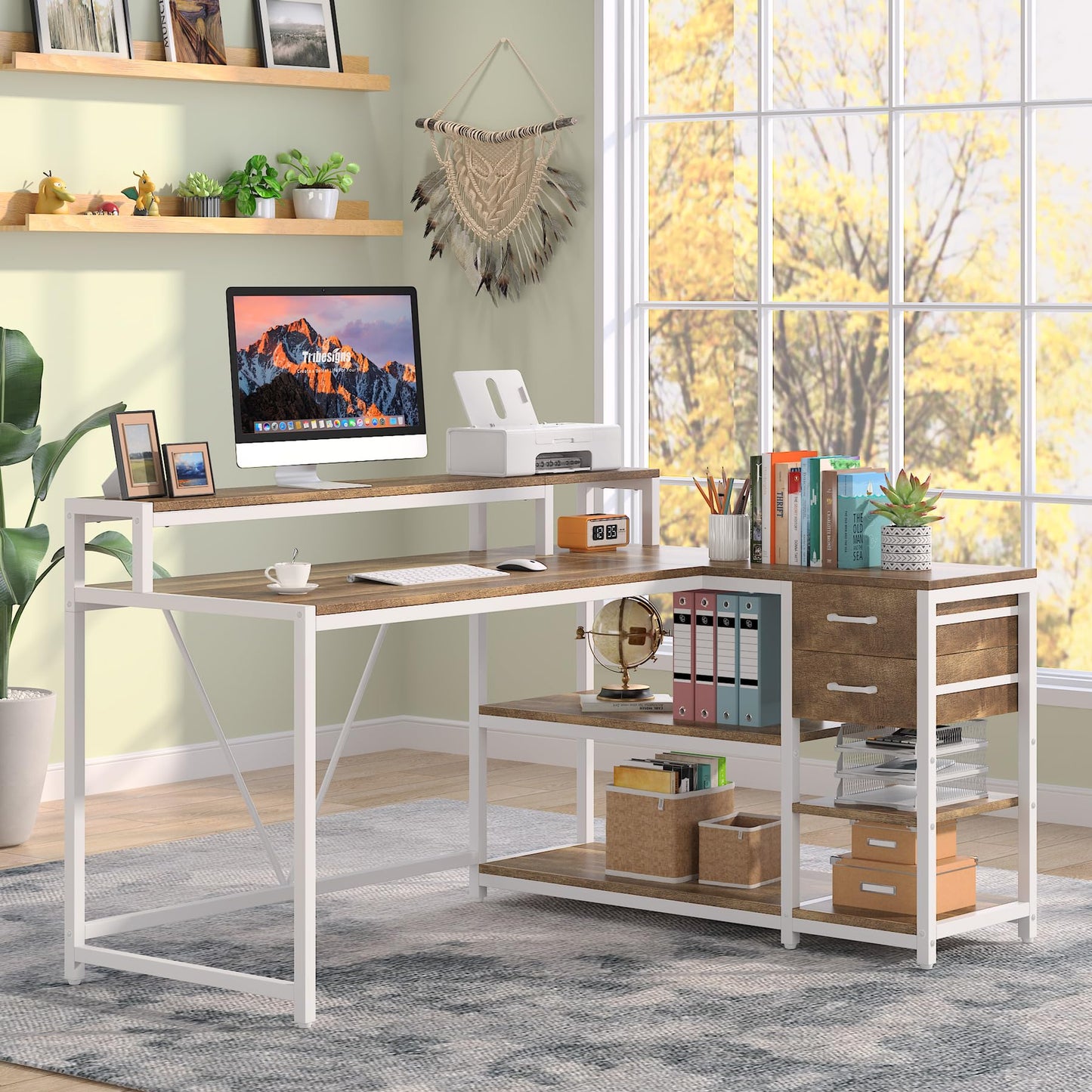 LITTLE TREE Reversible L-Shaped Computer Desk with hutch & Shelf,white - WoodArtSupply