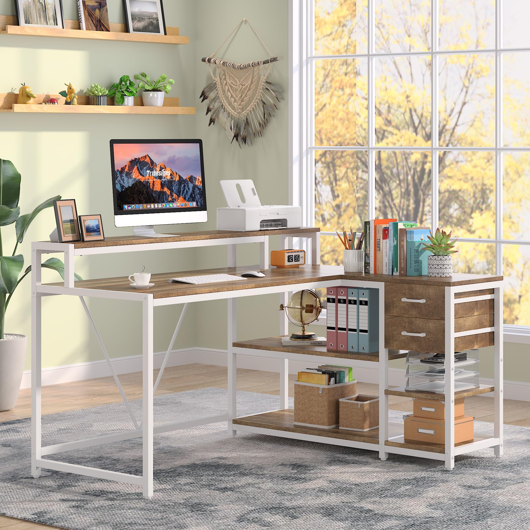 Tribesigns 55-Inch Reversible L-Shaped Desk with Drawers and Storage Shelves in Oak - WoodArtSupply