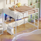 Hasuit Full Size Metal Loft Bed with Desk, LED Lights & Charging Station - Sturdy Space-Saving Bed Frame, Loft Bed Full Size Includes Safety Guard Rail & Ladder, No Box Spring Needed, Durable, White Hasuit