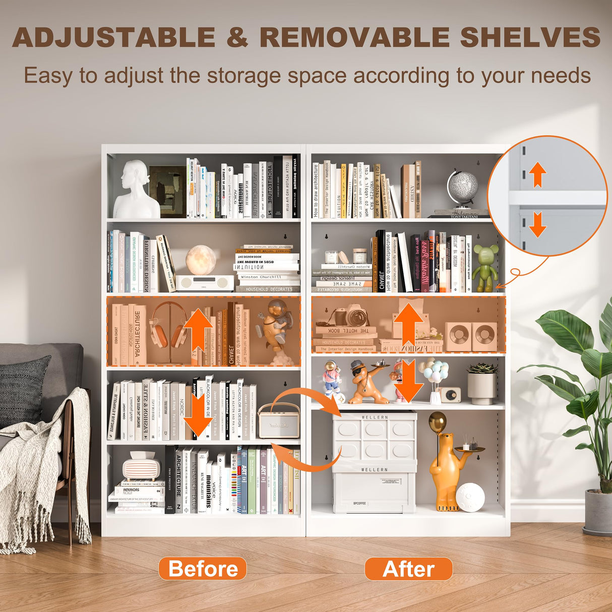 DUTYSEST Book Shelf Organizer, Metal Bookshelves Adjustable, 5 Tier White Bookcase, Heavy Duty Open Bookshelf for Office, Living Room, Library, Bedroom, 65.8" Tall DUTYSEST