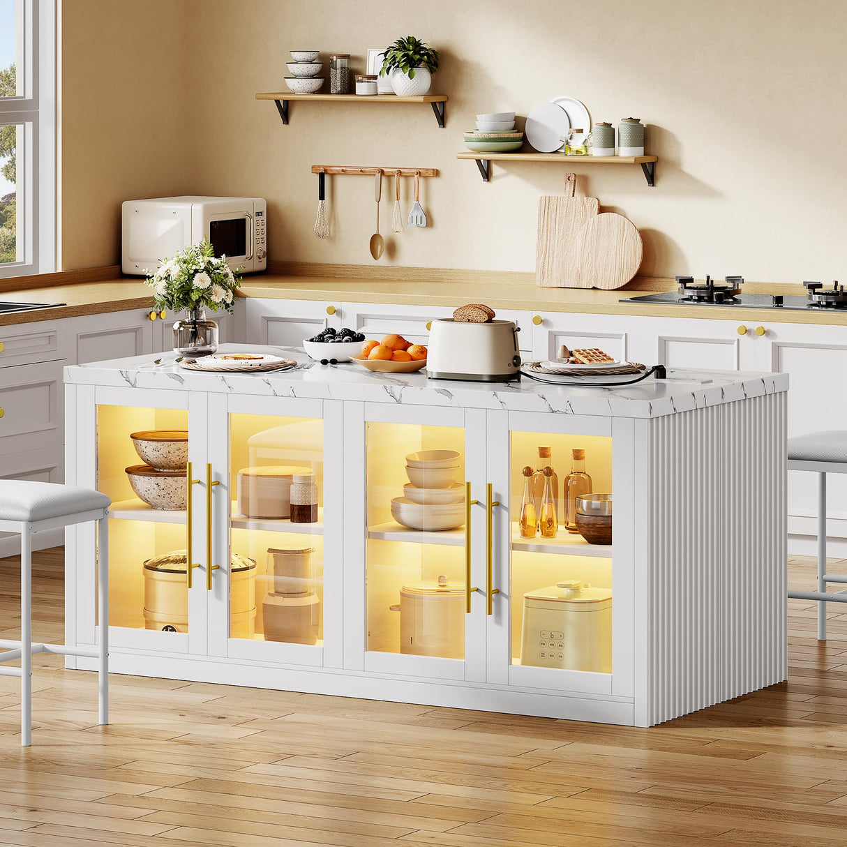 Homiflex Kitchen Island with Storage, 57" W Large Island Table with Seating/LED Light for Dining Room, Kitchen Carts on Wheels Breakfast Bar Table w/Power Outlet, White Homiflex