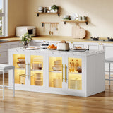 Homiflex Kitchen Island with Storage, 57" W Large Island Table with Seating/LED Light for Dining Room, Kitchen Carts on Wheels Breakfast Bar Table w/Power Outlet, White Homiflex