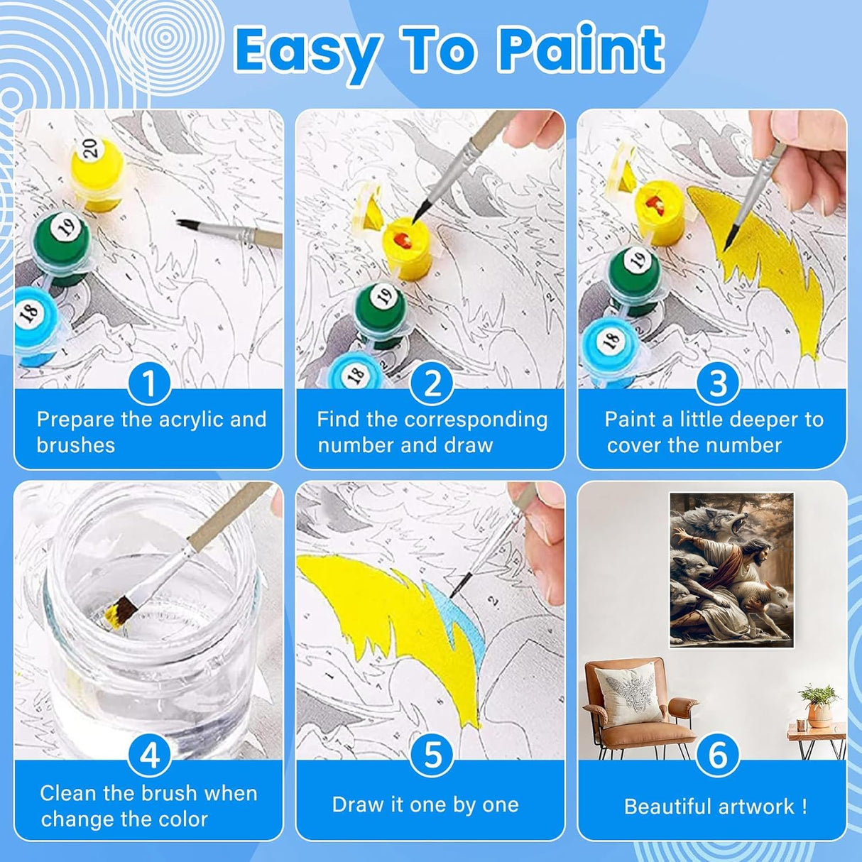 KYOQFVN Jesus and Wolf Paint by Numbers for Adults - DIY Adult Paint by Number Kit on Canvas, Easy Acrylic Painting Kits for Home Wall Decor 16x20 Inch（Without Frame） KYOQFVN