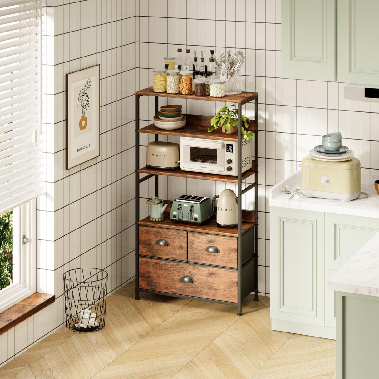 6 Tier Bookshelf, 47-Inch Small Bookcase with 3 Fabric Storage Drawers, Wood and Metal Book Shelf Storage Organizer, Industrial Display Standing Shelf Unit for Bedroom, Living Room, Rustic Brown Mexin