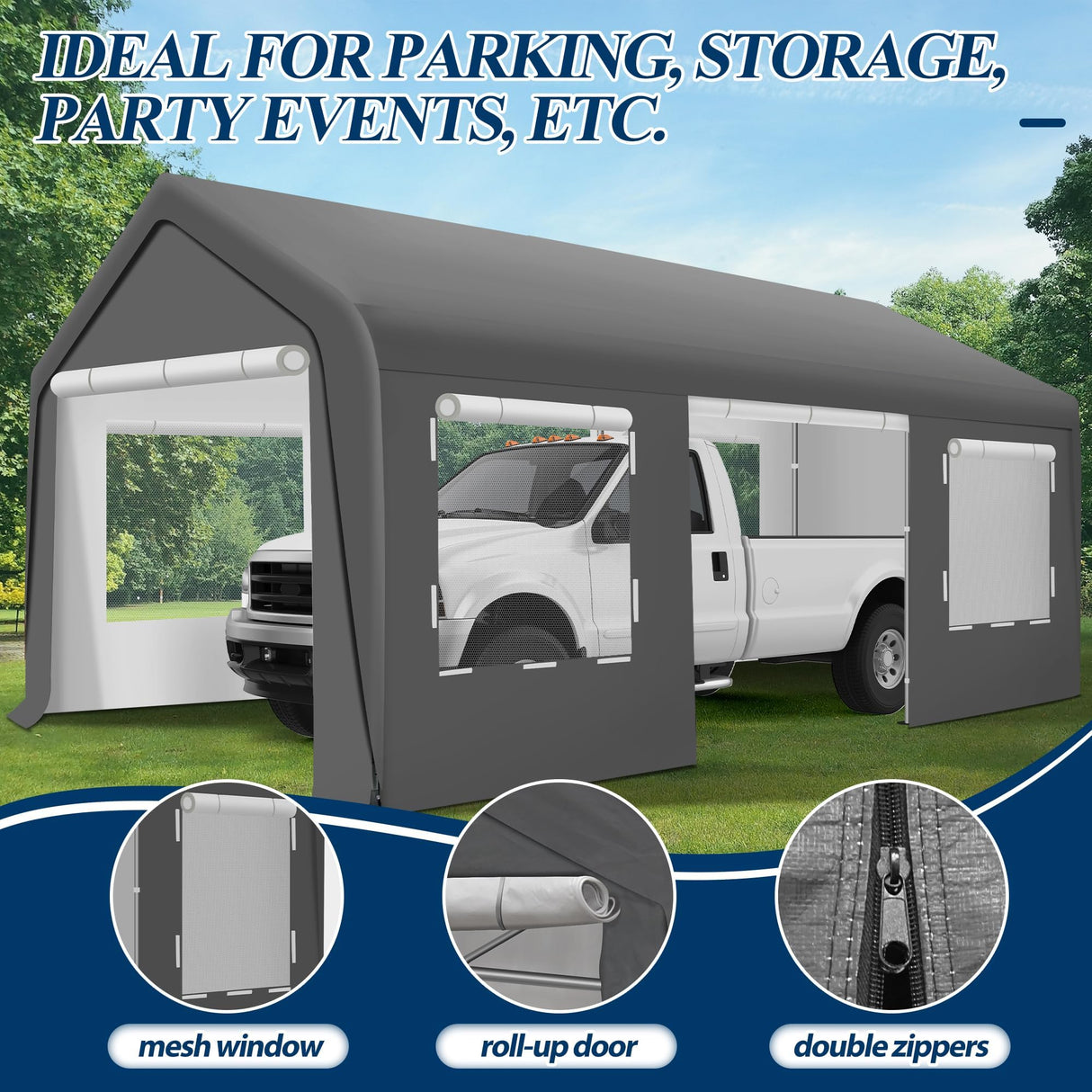 COVERONICS 12x20 FT Heavy Duty Carport Tent - Portable Outdoor Car Canopy with Roll-up Side Doors & Windows, Portable Garage with 4 Sandbags for Car, Truck and Outdoor Event, Gray COVERONICS