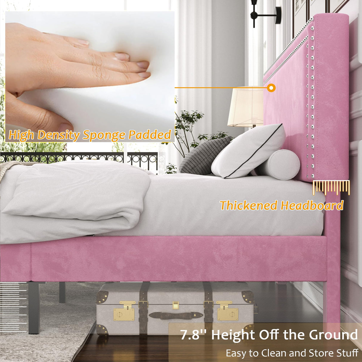 VECELO Queen Size Bed Frame with Adjustable Upholstered Headboard, Wooden Slats Platform, Noise-Free Design, Easy Assembly VECELO