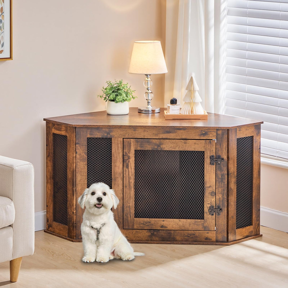 MAHANCRIS Corner Dog Crate Furniture, Wooden Dog Kennel End Table, Decorative Pet Crate Indoor Use, Furniture Style Dog House for Small Medium Dog, Dog Cage TV Stand, Rustic Brown DCRB0801 MAHANCRIS