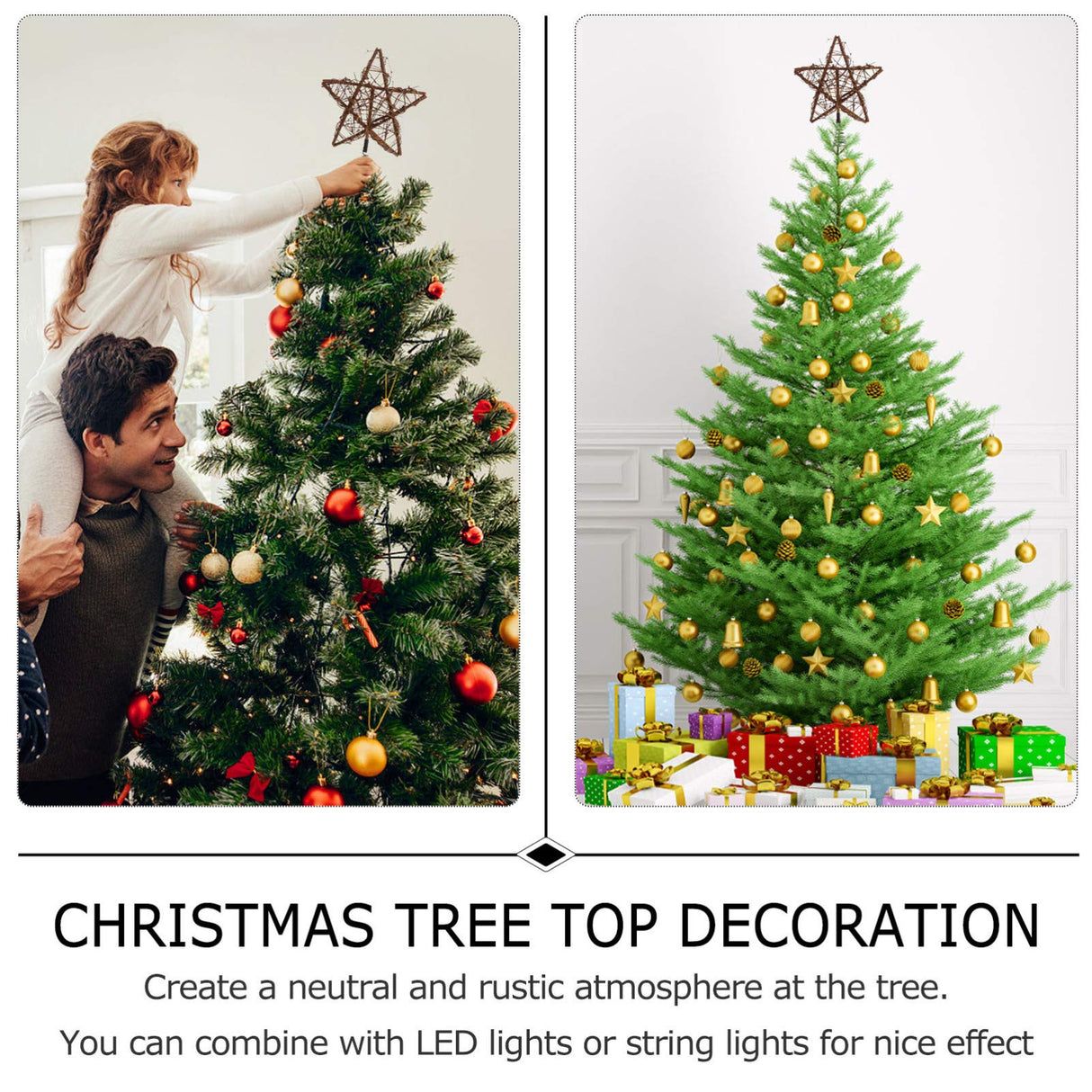 Toddmomy Rustic Christmas Tree Topper Star Rattan Natural Star Christmas Treetop Decoration Hollowed-Out Star Ornaments with Coil Base for Holiday Home Office Toddmomy