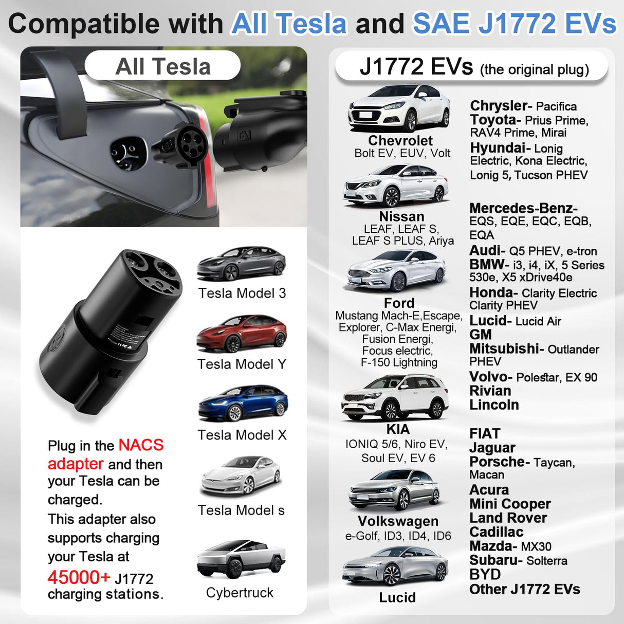 SubSun Universal Portable Level 2 EV Charger 50Amp 240V Electric Car Charger for All North American EVs Includes J1772 and Tesla, 33FT EV Charging Cable with NEMA 14-50 Plug (with Tesla Adapter) SubSun