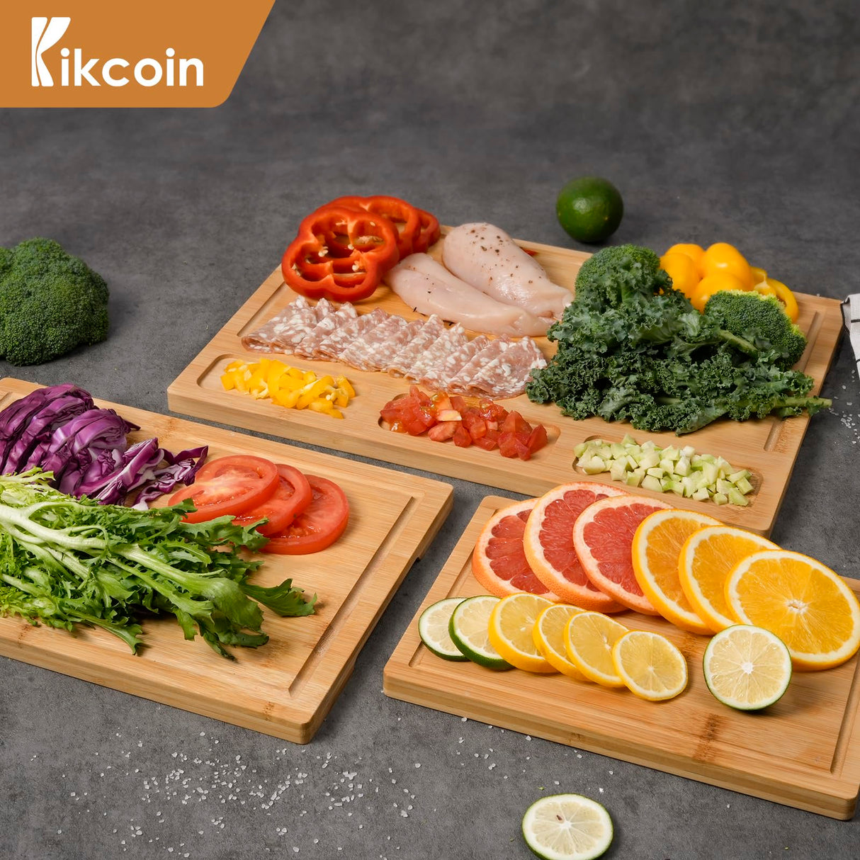 Bamboo Cutting Boards for Kitchen, (Set of 3) Kitchen Chopping Board with 3 Built-In Compartments and Juice Groove Heavy Duty Serving Tray Wood Kikcoin