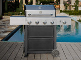 Kenmore 4-Burner BBQ Gas Grill with Side Burner, 53,000 BTUs, Cast Iron Grates, Electronic Ignition, Warming Rack, Open Cart Design, All-Terrain Wheels, Stainless Steel/Black Kenmore